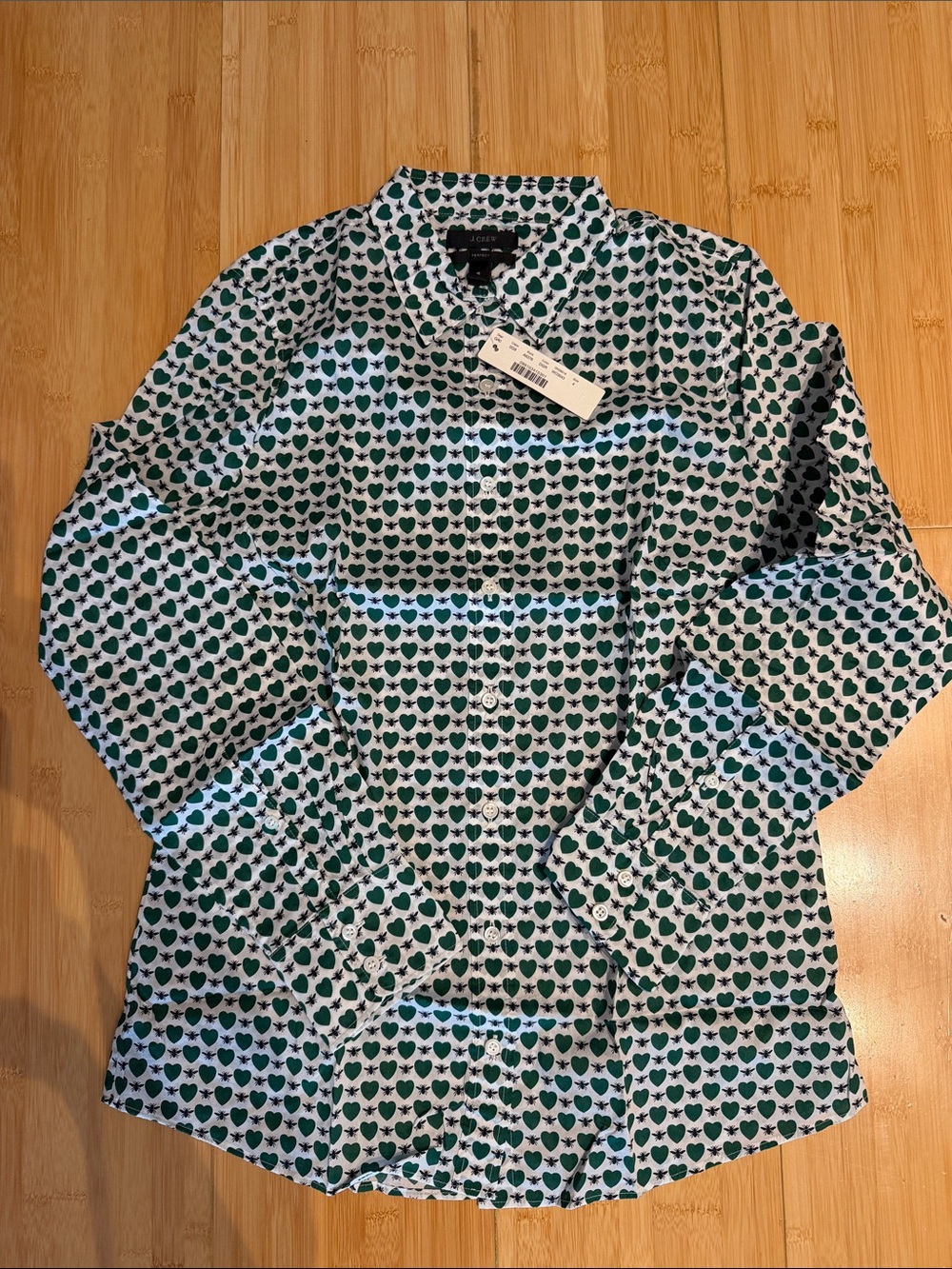 J. Crew White Button-Down Shirt with Green Heart Print